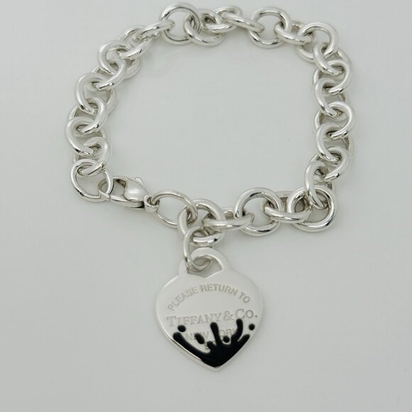 Large Please Return to Tiffany Black Color Splash Enamel Heart Tag Bracelet - Picture 2 of 8